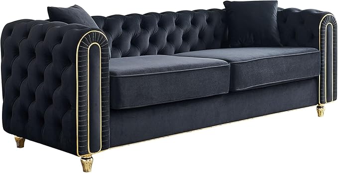 KEIKI 86" Chesterfield Velvet Button Tufted Sofa with High Density Foam Cushions and 2 Toss Pillows, Modern Style 3-Seater Couch with Gold Strip Trim Decoration, Easy Assembly, for Living Room, Black