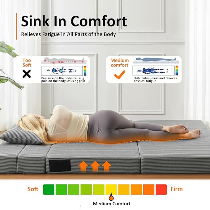 Queen Size Folding Sofa Bed - 4 in 1 Convertible Sleeper Chair with Two Pillows - High Density Memory Foam Futon Couch - Foldable Bed for Living Room Bedroom (Dark Grey)
