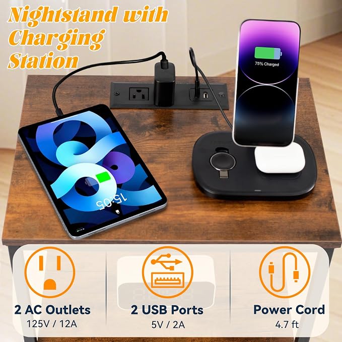 Night Stand with Charging Station, Bedside Table with Adjustable Fabric Drawers, End Table with LED Lights, Side Table with USB Ports Open Shelf for Bedroom, Black - Image 4
