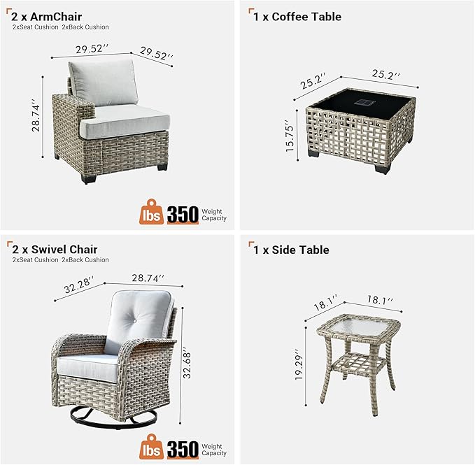 ovios 6 Piece Patio Sectional Furniture with Swivel Rocking Chairs, Rattan Wicker Coversation Set with Glowing Coffee Table, Outdoor Sofa Set for Outside Porch Balcony Backyard Pool, Light Grey