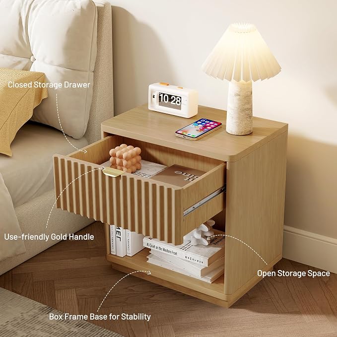 Night Stand, Nightstand with Drawers Bedside Table End Table, Modern Fluted Nightstand Bed Side Table for Bedroom Living Room (Natural) - Image 3