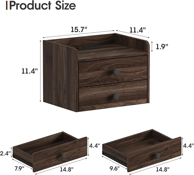 Floating Nightstand Set of 2 with 2 Storage Drawers and Charging Station Wood Wall Mounted Bedside End Table Modern Night Stands Set 2 for Bedroom,Small Space,Brown Walnut - Image 2