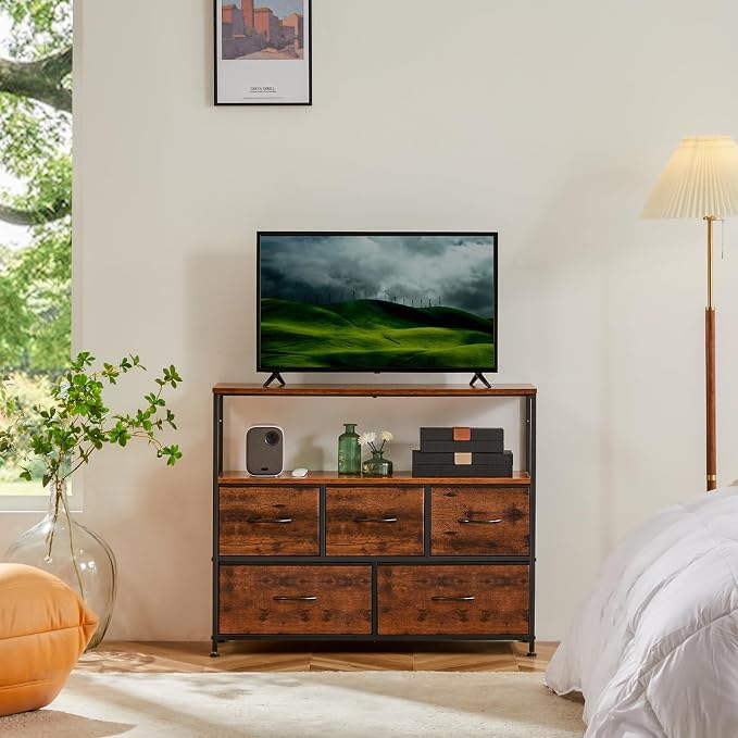DUMOS TV Stand, Dresser with 5 Fabric Storage Drawers, Media Console Featuring Open Shelf for TV, Compact Entertainment Unit for Bedroom, Living Space, or Dorm Organization, Brown - Image 2