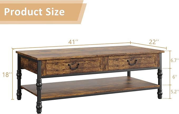 IDEALHOUSE Coffee Table with Drawers 41" Large Center Table with Storage Rectangular Cocktail Table Mid Century Wooden Coffee Tables Retro Living Room Table Vintage Tea Table, Rustic Brown