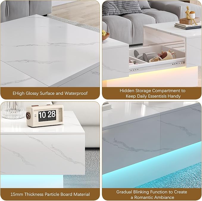 White Marble Modern Coffee Table with Hidden Storage for Living Room, Living Room Table Rectangular Center Tables Sliding Top with LED Lights, Wooden Cocktail Table for Reception Room