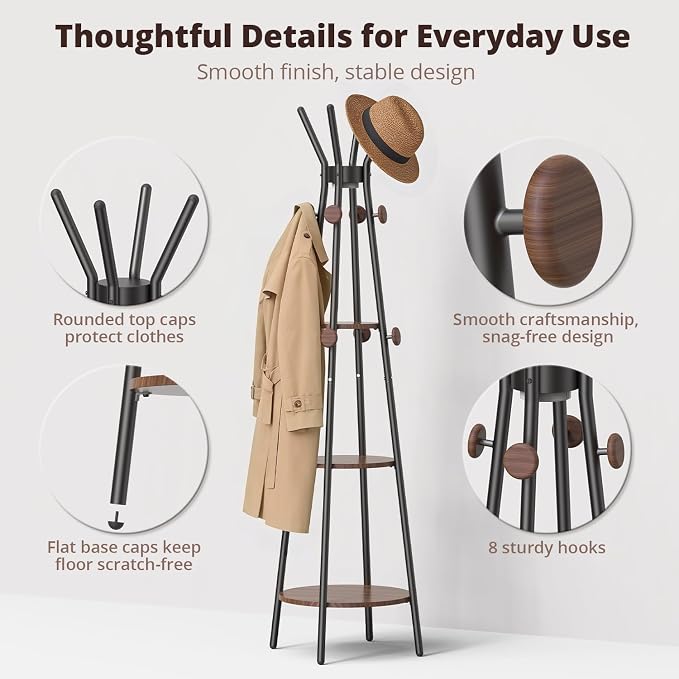 young master Coat Rack, Freestanding Coat Rack with 3 Shelves and 12 Hooks, Coat tree with Motion Sensor Light for Entryway, Livingroom, Hall Tree Free Standing for Coats, Scarves, Handbags, Black - Image 4