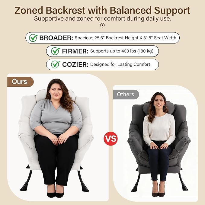 Lazy Chair with Ottoman, Modern Accent Chair with Lumbar Pillow, Beige Sofa, Armchairs with Folding Footrest, Oversized Supportive Chairs for Bedroom, Reading