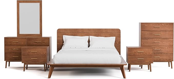 Furniture of America Wyatt Modern Solid Wood Bedroom Collection with Queen Bed Frame, Nightstands, Dresser with Mirror, Chest, No Box Spring Needed, Walnut, Standard Low Profile, 6-Piece Set