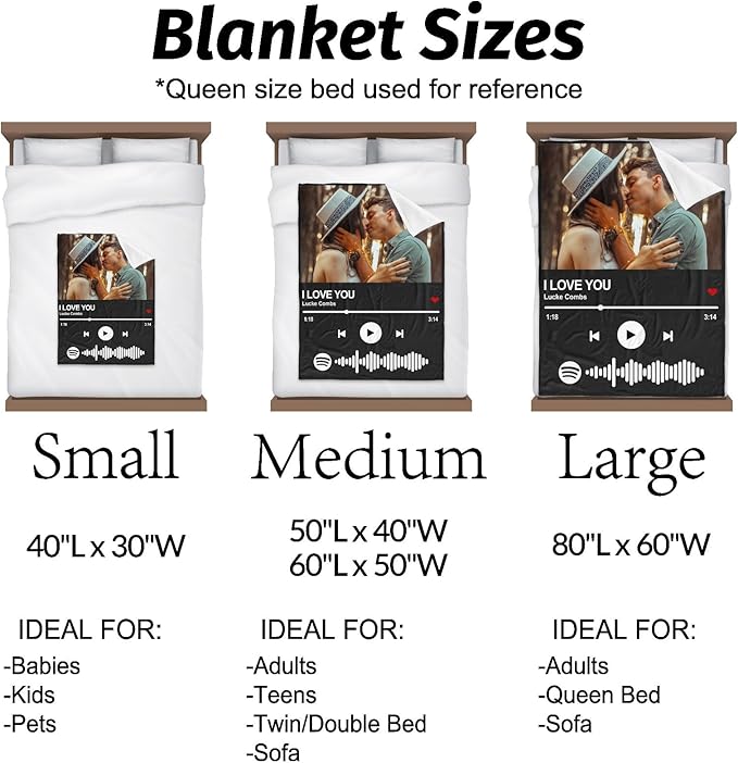 Printwoo Personalized Spotify Code Music Blanket Custom Blanket with Picture Text Customized Blankets Thows Photo Blankets Customize Gifts for Mom Dad Couple Girlfriend Boyfriend Wife Husband