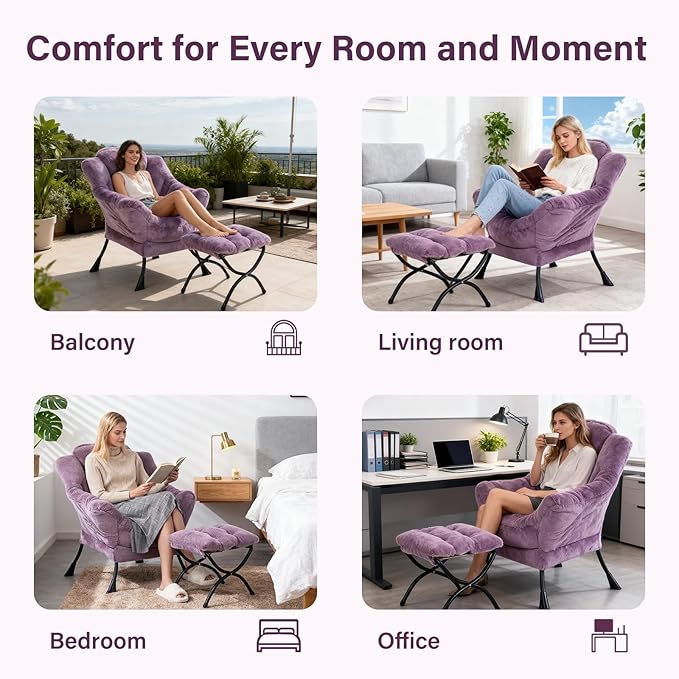Lazy Chair with Ottoman, Modern Accent Chair Contemporary Lounge Leisure Sofa Chair with Armrests, Reading Chair and Folding Footstool Set for Living Room, Bedroom, Office