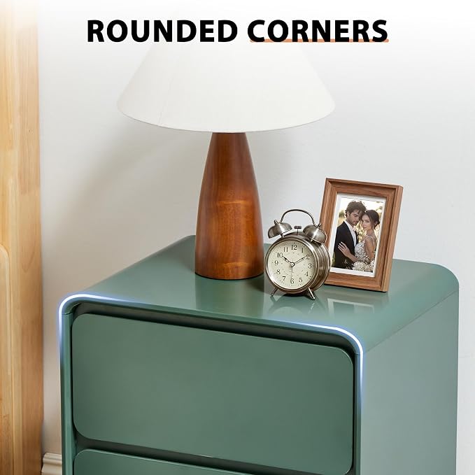 Small Night Stand Set of 2, Mid Century Modern Nightstands with 2 Drawers and Solid Wood Legs, 2 Drawer Dresser Curved Profile Design End Table Side Table for Small Space, Dorm, Bedroom(Green) - Image 7