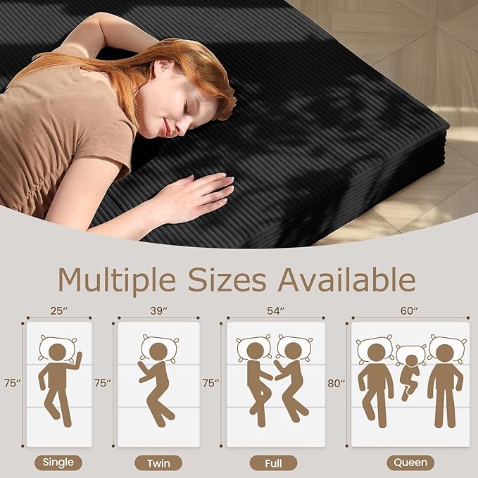 6-Inch Tri-Folding Mattress Queen Size - Foldable Futon Sofa Bed with Removable Washable Cover, Folding Futon Mattress | Non-Slip Bottom & Carry Handles for Guest, Camping, Dorm