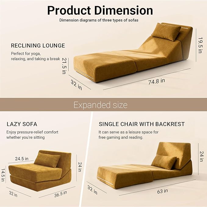 Folding Sofa Bed Chair, Convertible Sleeper Sofa Couch Bed w/Pillow, Lounge w/Back Support & Washable Cover for Living Room, Bedroom, Apartment, Office (Yellow) | With ashable cover, Foldable chair bed