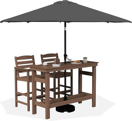 SERWALL Outdoor Bar Set with 9ft Umbrella, All-Weather HDPE Patio Bar Chairs and Table, Outdoor Furniture Set, Brown (Umbreall Base not Included) by SERWALL
