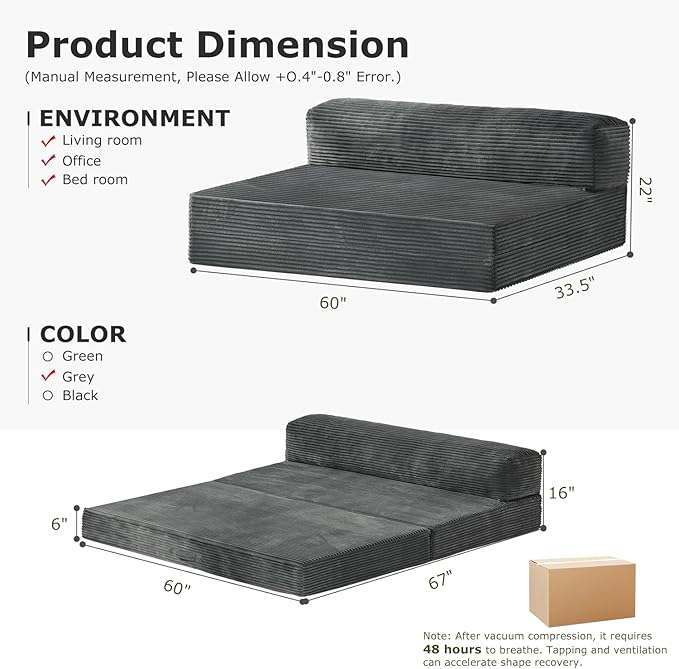 6-inch Folding Mattress Convertible Sofa Bed, Floor Bed & Sleeping Couch with Removable Corduroy Cover & Carry Handles, High-Density Foam (Grey, Queen)