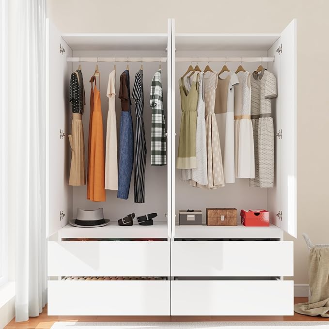 Armoire Wardrobe Closet with 4 Doors, Wooden Wardrobe Cabinet with 4 Drawers, Hanging Rod & Shelves, Freestanding Closets for Bedroom (White, 2)