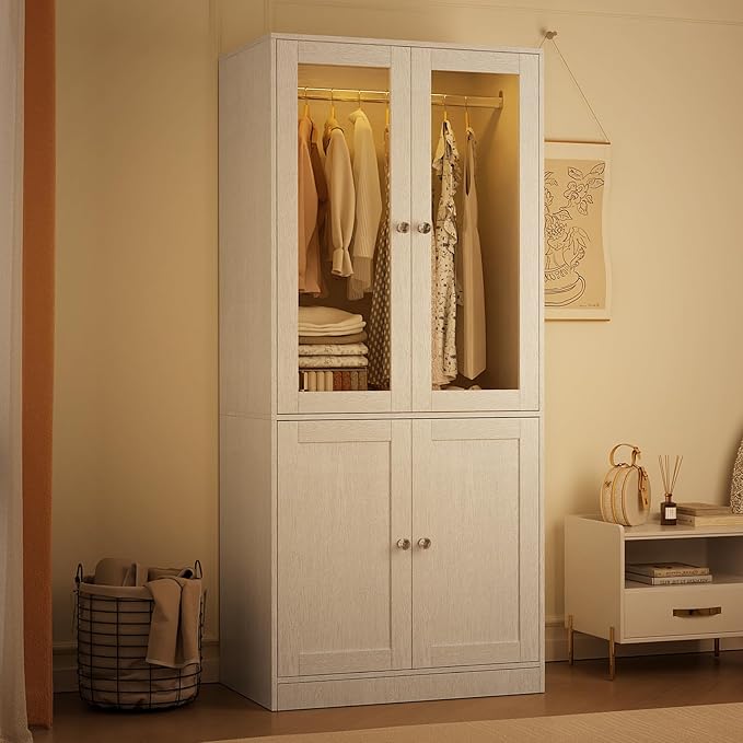 VOWNER 75" Tall Armoire Wardrobe Closet with Drawers & Lights, Clothing Storage Cabinet with 2 Glass Doors & Hanging Rod, Wooden Armoire Storage Cabinet for Bedroom (White Oak, 2 Doors)