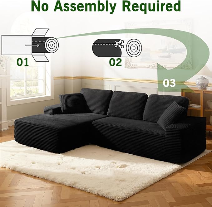 109.4” Modular Sectional Sofa, Convertible Sofa Bed, No Assembly Required Cloud Couch with Deep Seat, Modern L-Shaped Boneless Sofa for Living Room (Black)