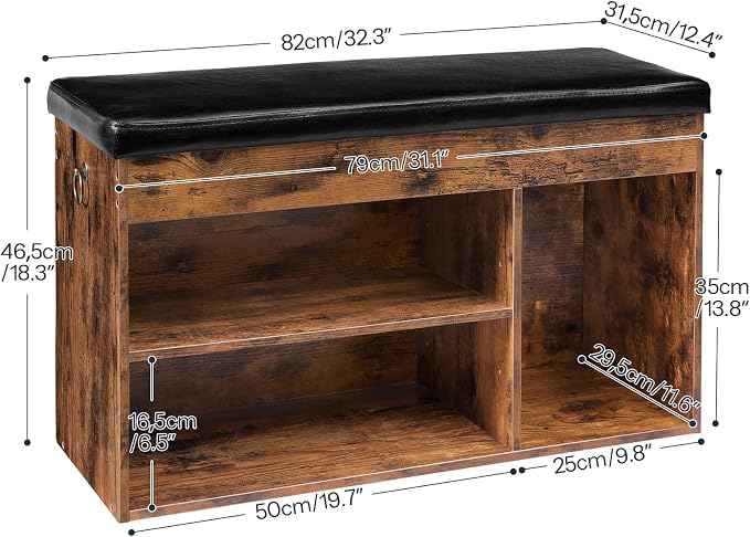 HOOBRO Shoe Storage Bench with Cushion, 32.3'' Entryway Bench with Lift Top Hidden Storage and Adjustable Shelves, Wooden Shoe Rack Bench for Entryway Bedroom, Rustic Brown and Black BF40HX01 - Image 3
