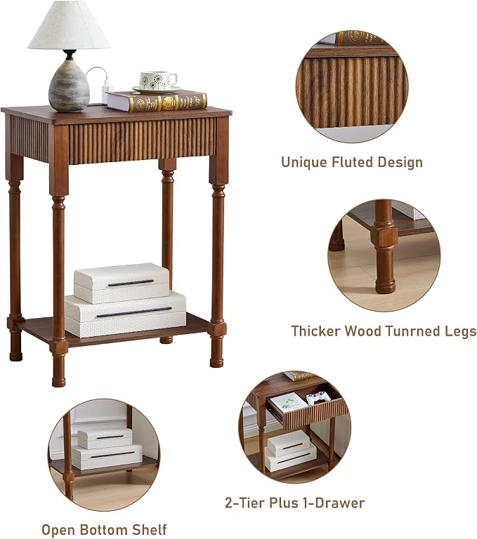 Night Stand Set of 2,Fluted Nightstand with Charging Station, 23.6” Large Bed Side Table End Table with Drawer,Modern Mid Century Wooden Night Stands Bedside for Bedroom Living Room Sofa Office,Walnut - Image 4