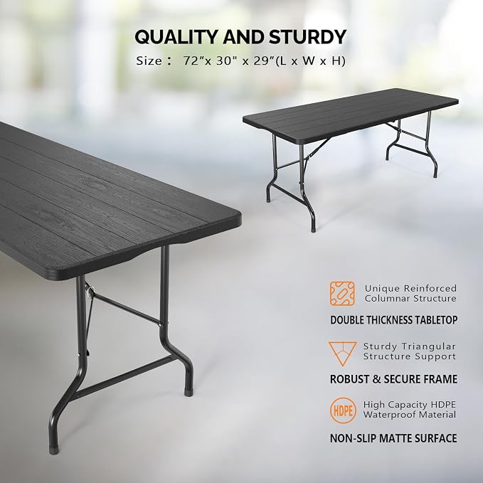 VINGLI 6 Foot Plastic Folding Table Portable Long Table for Indoor Outdoor Use Rectangular with Carrying Handle, Tree Patterned HDPE Tabletop, Black - Image 3