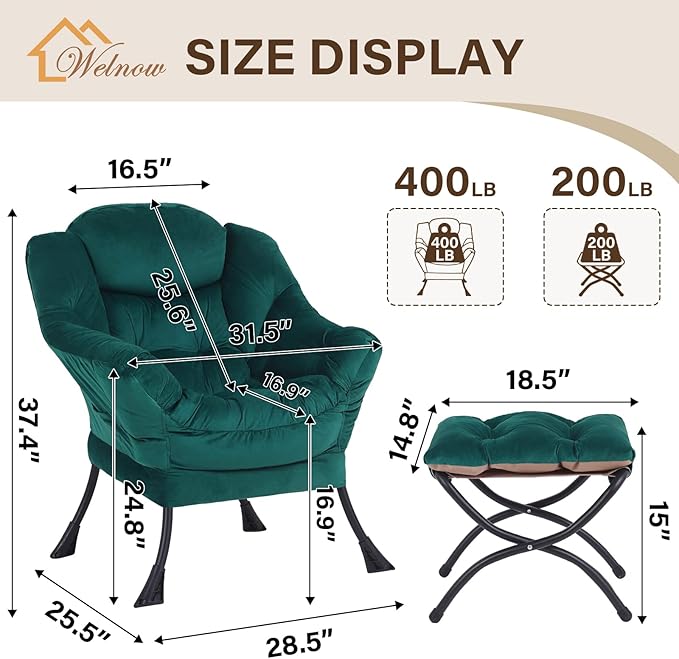 Welnow Lazy Chair with Ottoman, Modern Accent Chair with Armrests and a Side Pocket, Leisure Sofa Armchair, Reading Armchair with Footrest for Small Space, Dark Green