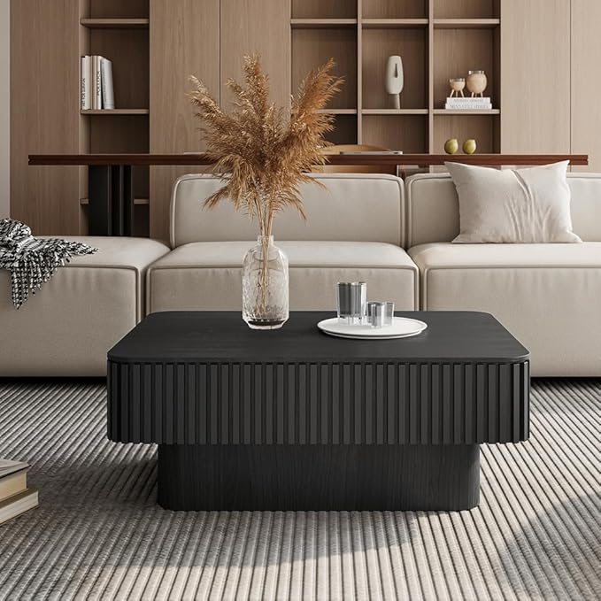 Rectangle Coffee Table with Lifting Top for Living Room Modern Coffee Table with Storage Smart Coffee Tables Lift Up Coffee Tables for Eat Fluted Pedestal Center Tables Apartment 38.6" Black