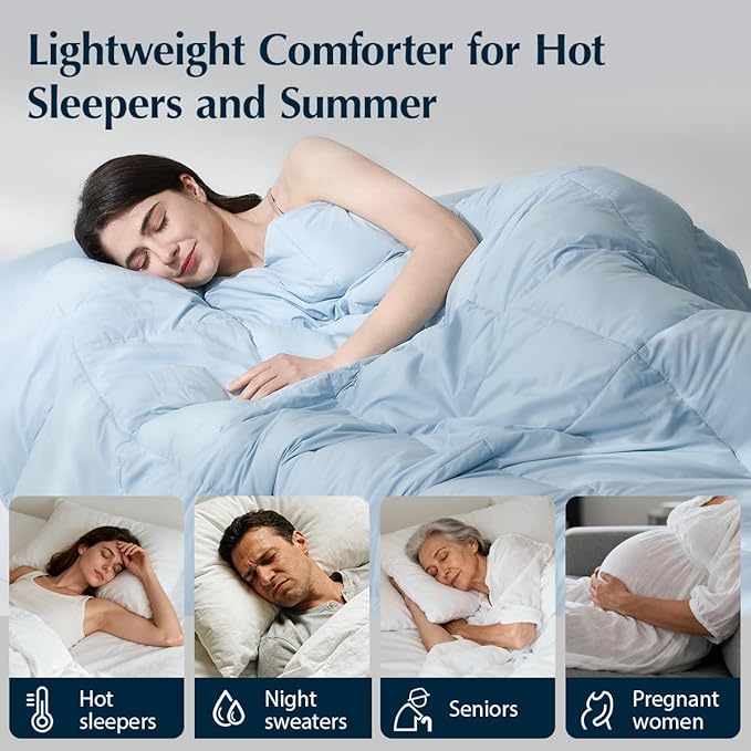 Pacific Coast Summer Goose Feather and Down Fiber Comforter Twin Size, Breathable Duvet Insert for Summer and Hot Sleepers, Natural Cooling Tencel Lyocell Shell, 8 Corner Tabs, Sky Blue, 68x90