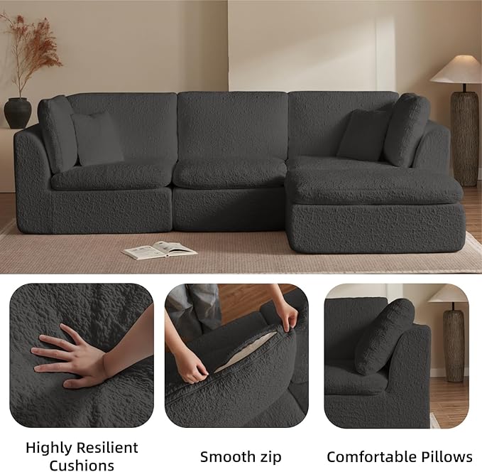 110" Cloud Sectional Couches for Living Room, Convertible L Shape Boneless Couch Chenille Fabric with Ottoman, 3 Seater Modular Sectional Sofa No Assembly Required, Gray