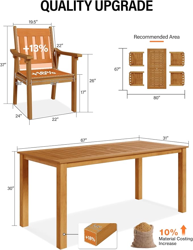 YEFU HIPS Patio Table Set: 5 Piece Outdoor Table and Chairs Dining Furniture Set with Umbrella Hole - Teak Modern Plastic Dining Sets 4 Person for Outside Deck with Metal Aluminum Frame - Image 7