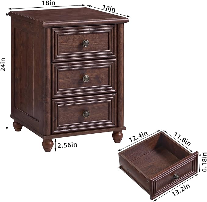 RWYHG 18" Farmhouse Night Stand, Walnut Wood Nightstand with 3 Drawers, Bedside End Table with Storage and Roman Column, Bed Side Tables Cabinet for Bedroom, Living Room, and Closet - Image 2