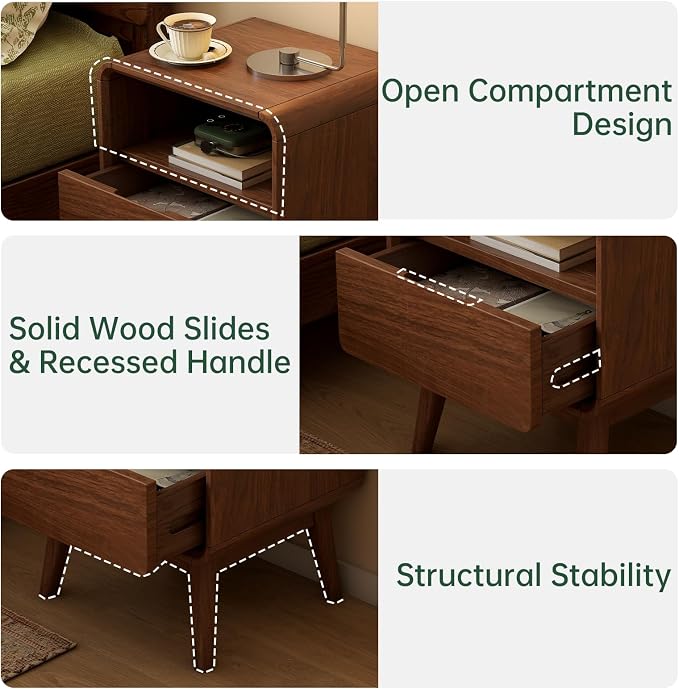100% Solid Walnut Nightstand with Drawer, Mid-Century Nightstand with Open Storage, Wood Bedside Table for Bedroom,(19.68" H) - Image 4