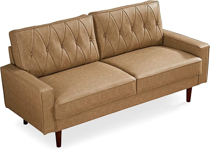 Container Furniture Modern Style Faux Leather Sofa with Elegant Round Tapered Legs and Button Tufted Backrest Perfect for Living Room, Bedroom or Home Office, 69.3’’ Wide, Camel