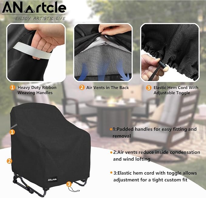 ANartcle Rocking Chair Covers for GCI Outdoor 37072 Chair,Freestyle Rocker Cover,Waterproof Heavy Duty Outdoor Camping Chair Covers, (26 W x 27 D x 34 H inches) Black. - Image 4