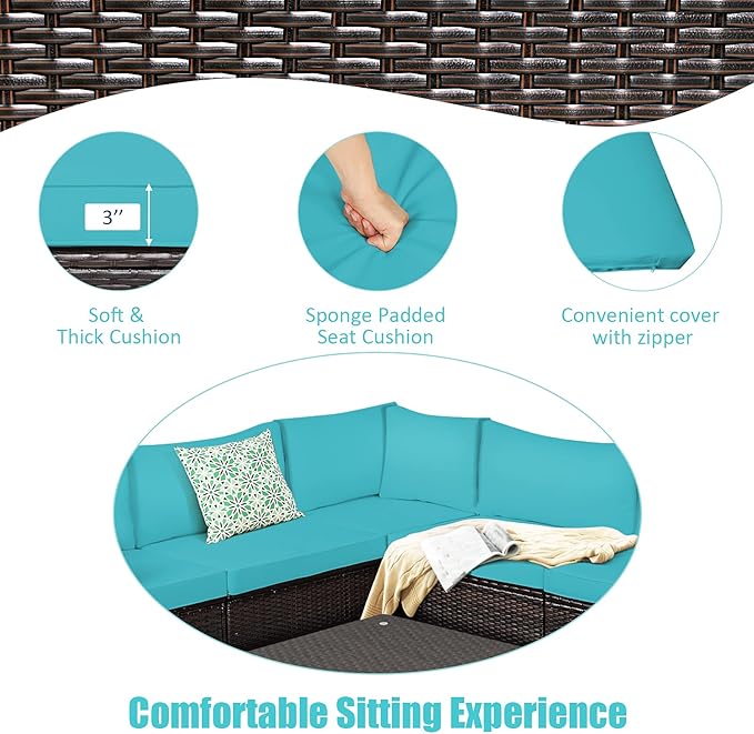Tangkula 6 Pieces Patio Furniture Set, Outdoor Rattan Sofa Set, Wicker Conversation Set w/Tempered Glass Coffee Table & Cushions, Sectional Sofa Set for Backyard, Garden, Balcony, Poolside