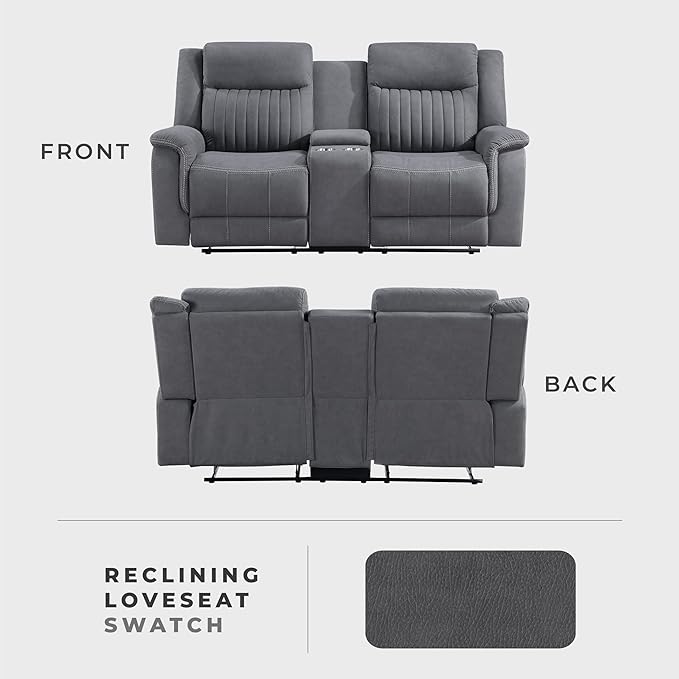 Lexicon Manual Double Reclining Loveseat, Polished Microfiber Manual Wall Hugger Loveseat Recliner for Living Room, Center Storage Console/Cup Holders, Easy Assembly, Gray