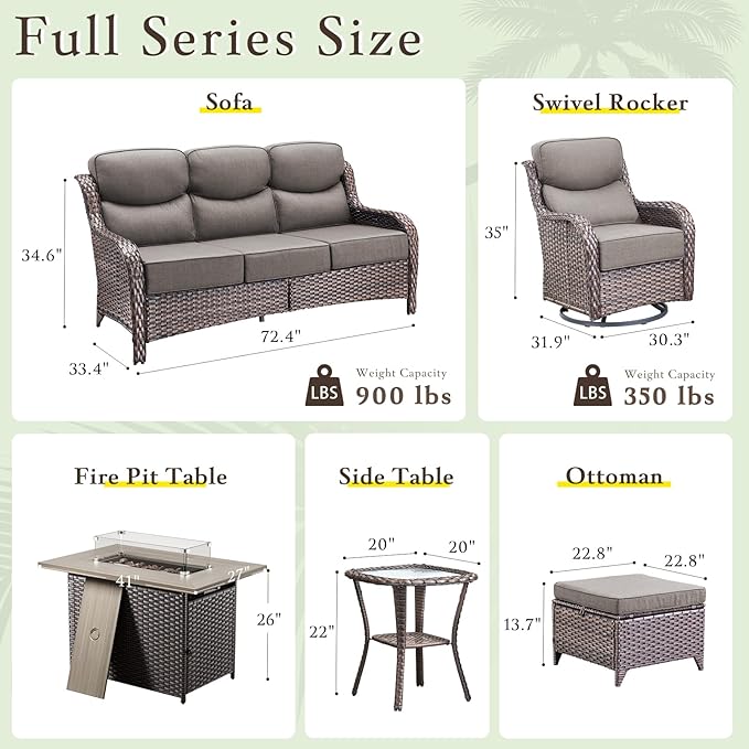 Luxury High Back Outdoor Furniture with 6-inch Extra Thick Cushions, Patio Furniture Set with Fire Pit Table & Swivel Chairs, 9 PCS Wicker Conversation Set for Yard, Deck, Poolside, Brown/Grey