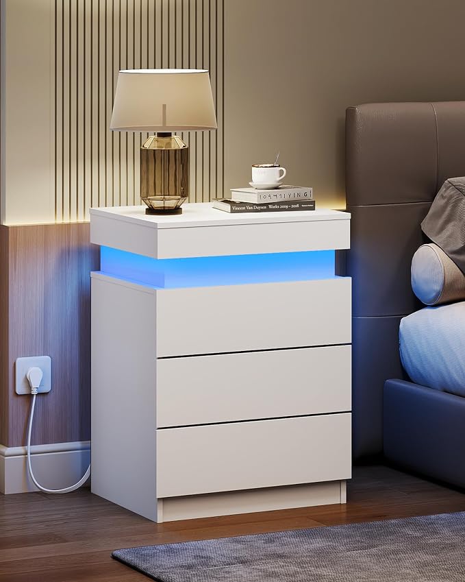 WLIVE Nightstand Set of 2 with Charging Station & LED Lights, Modern Night Stand with 3 Drawers and Sliding Top, Bedside Table End Table with Hidden Space for Bedroom, Living Room, White - Image 7
