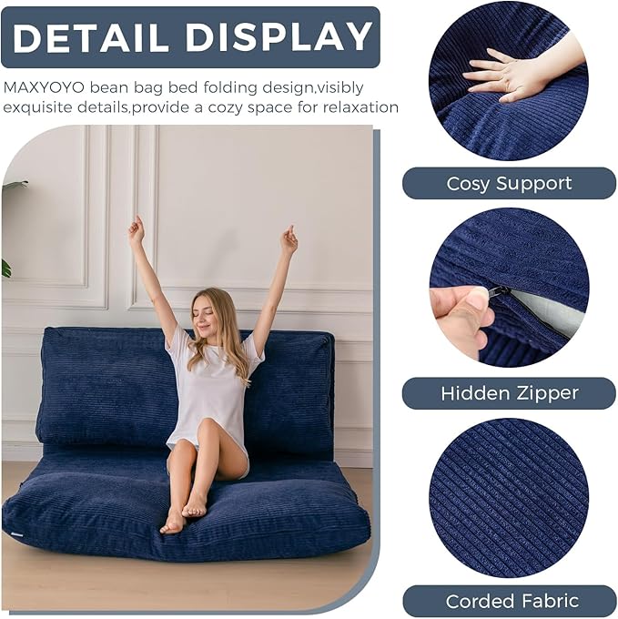 MAXYOYO Folding Sofa Bed, Extra Thick and Long Floor Sofa Convertible Sleeper Chair with Washable Cover, Floor Couch Lounge Bean Bag Bed for Living Room, Navy, 39x95 Inch