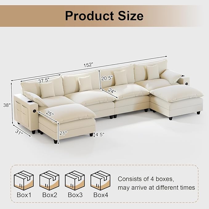 152" Modular Sectional Sofa, U Shaped Cloud Couch with Movable Ottoman, Chenille Deep Seat Cloud Sofa with Charging Station, Cup Holder, Side Pocket, Sectional Couches for Living Room, Beige