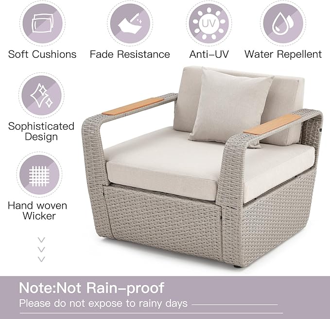 HOMREST 6 Pieces Patio Furniture Set, Outdoor Sectional Conversation Rattan Sofa Set with Ottoman and Outdoor Side Coffee Table for Garden, Porch, Backyard (Light Gray)