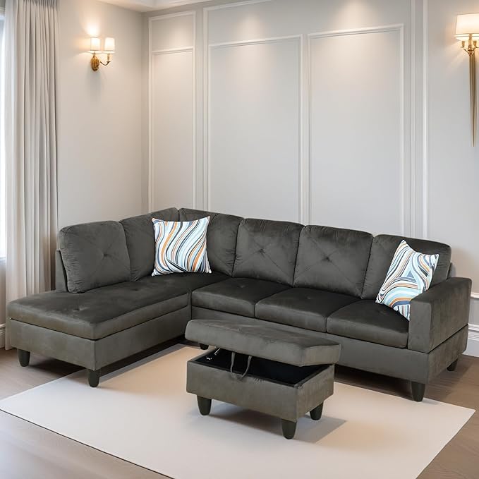 FONTOI L Shaped Sectional Couch Sofa, Modern Couches for Living Room, Comfy 4 Seat Modular Sectional Sofa with Ottoman Storage for Bedroom Apartment, Coffee