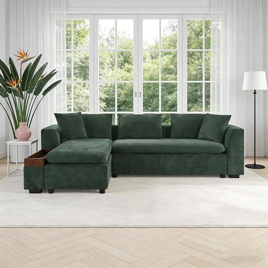 93.7" L-Shaped Sectional Sofa with Storage Chaise, Modern Couch for Living Room, Chenille Upholstered Couch with Deep Seats & Throw Pillows, Modern Corner Sofa for Living Room, Green