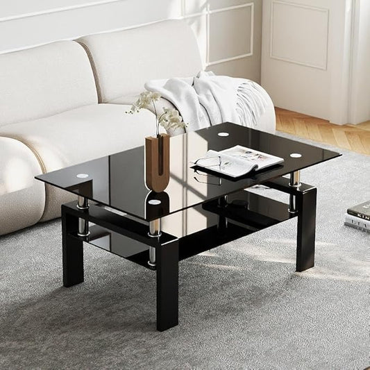 IANIYA Rectangle Tempered Glass Coffee Table, Modern Living Room Table with Storage & Black Metal Legs, Center Table for Bedroom Home Office Small Space Waiting Room