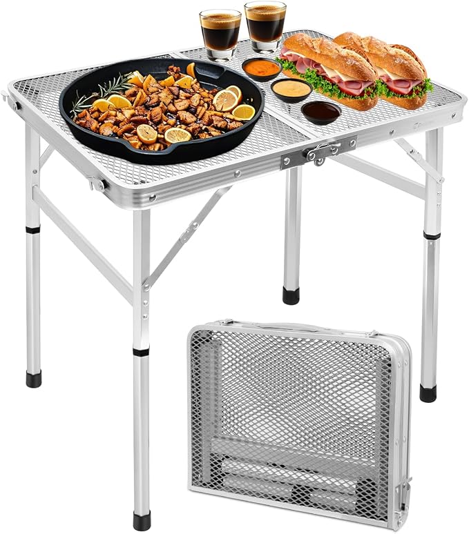 Small 2ft Folding Table with Carry Handle, Adjustable Height 10.6" or 22", Silver Metal Mesh, Portable & Compact Indoor/Apartment/Card/Side/Grill Table, 23.6"Lx15.8"W, Lightweight 4 lb, 66 lb Capacity - Image 9