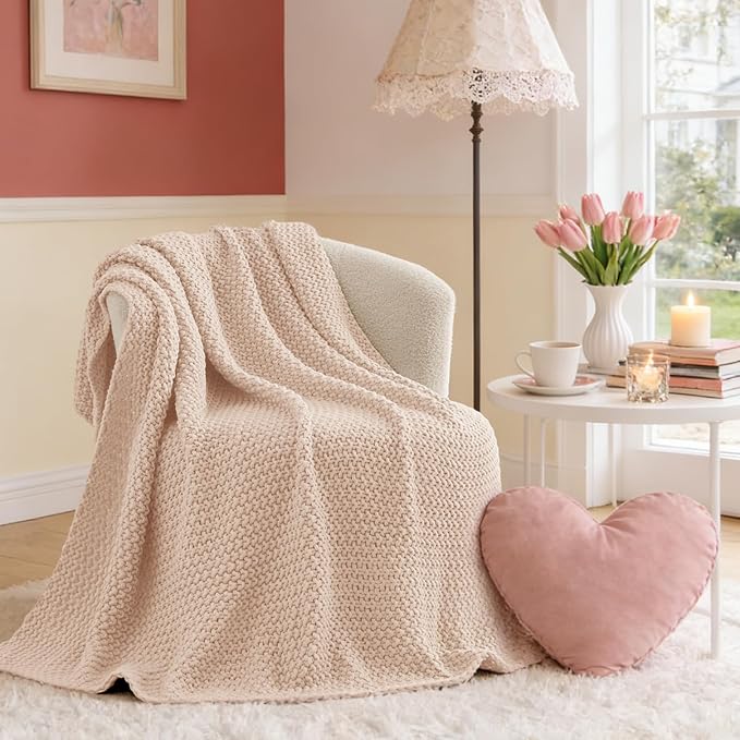 BEDELITE Chunky Cable Knit Throw Blanket, Acrylic Chunky Knitted Blankets, Super Soft Cozy Woven Pink Twin Blanket for Sofa Couch Bed Room Home Decor, Gift for Women, 60"x80"