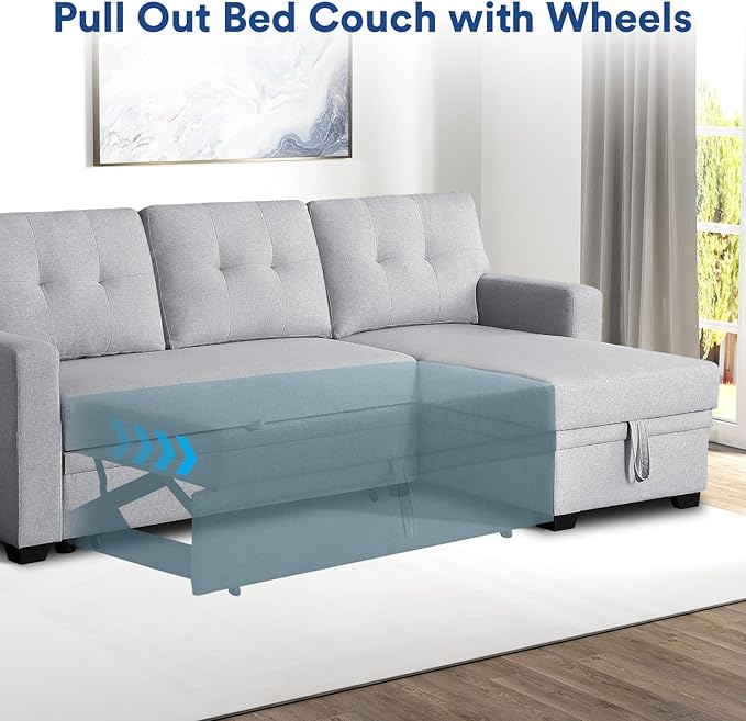 Rovibek 82" Convertible Sofa Bed Couch with Storage - 4 in 1 L Shaped Sofa with Pull Out Couch Bed for Living Room, Apartment, Office, Small Spaces, Light Grey