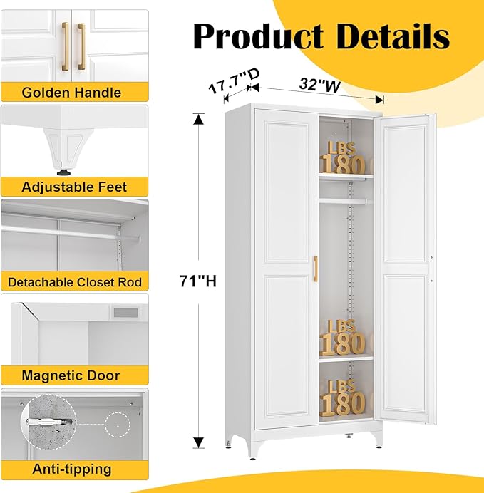 SteeLoong Metal Wardrobe Cabinet with Hanging Rod, 71" Tall Armoire Wardrobe Closet with 2 Doors and Adjustable Shelves, White Clothing Storage Cabinets for Bedroom, Laundry Room, Cloak Room