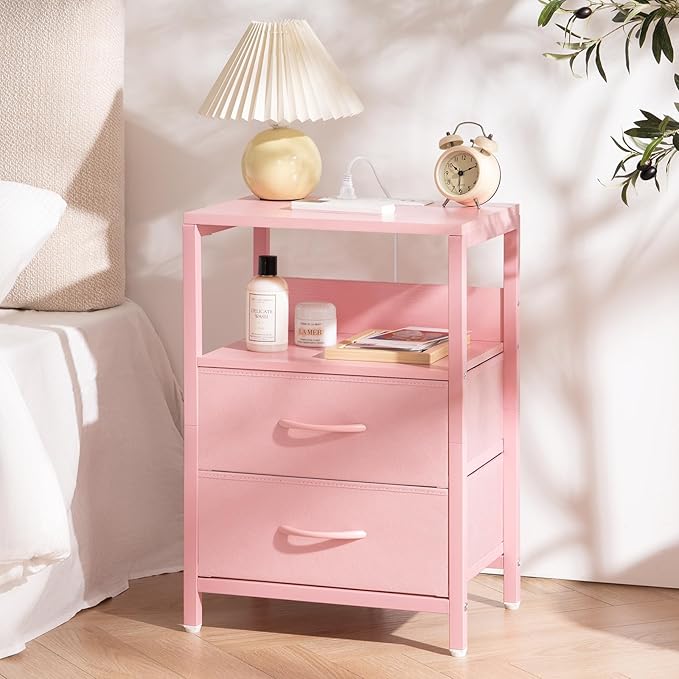Yoobure Nightstand with Charging Station, LED Night Stand with Fabric Drawers and Storage Shelf for Bedroom, Nightstands Bedside Tables with USB Ports & Outlets, Small Night Stands, Bed Side Table - Image 2