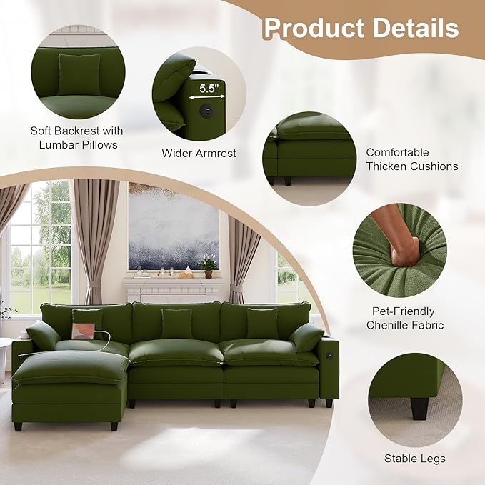 116" Modular Sectional Sofa, L Shaped Cloud Couch with Movable Ottoman, Chenille Deep Seat Cloud Sofa with Charging Station, Cup Holder, Side Pocket, Sectional Couches for Living Room, Green
